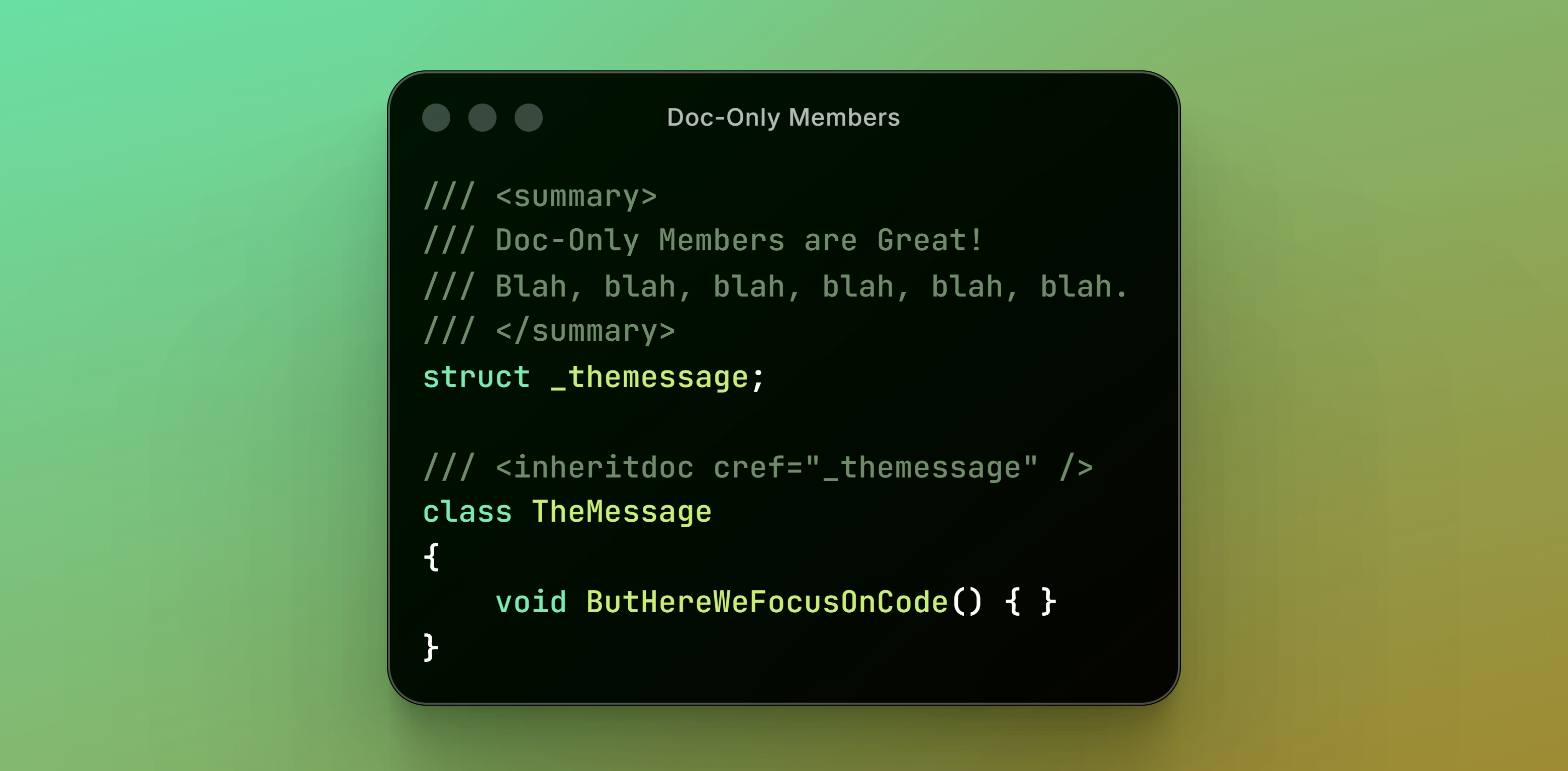 Page-wide banner, colorful background, C# code sample: a hidden struct to host XML docs inherited by a class using inheritdoc tag
