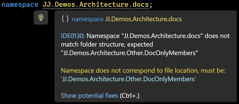 Tooltip with namespace mismatch warning