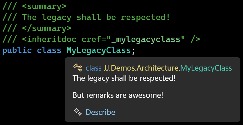 Summary tag, inheritdoc tag, tooltip with text combined from both.
