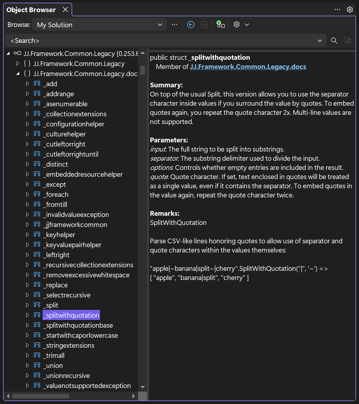 Centralized docs list in Visual Studio Object Browser.